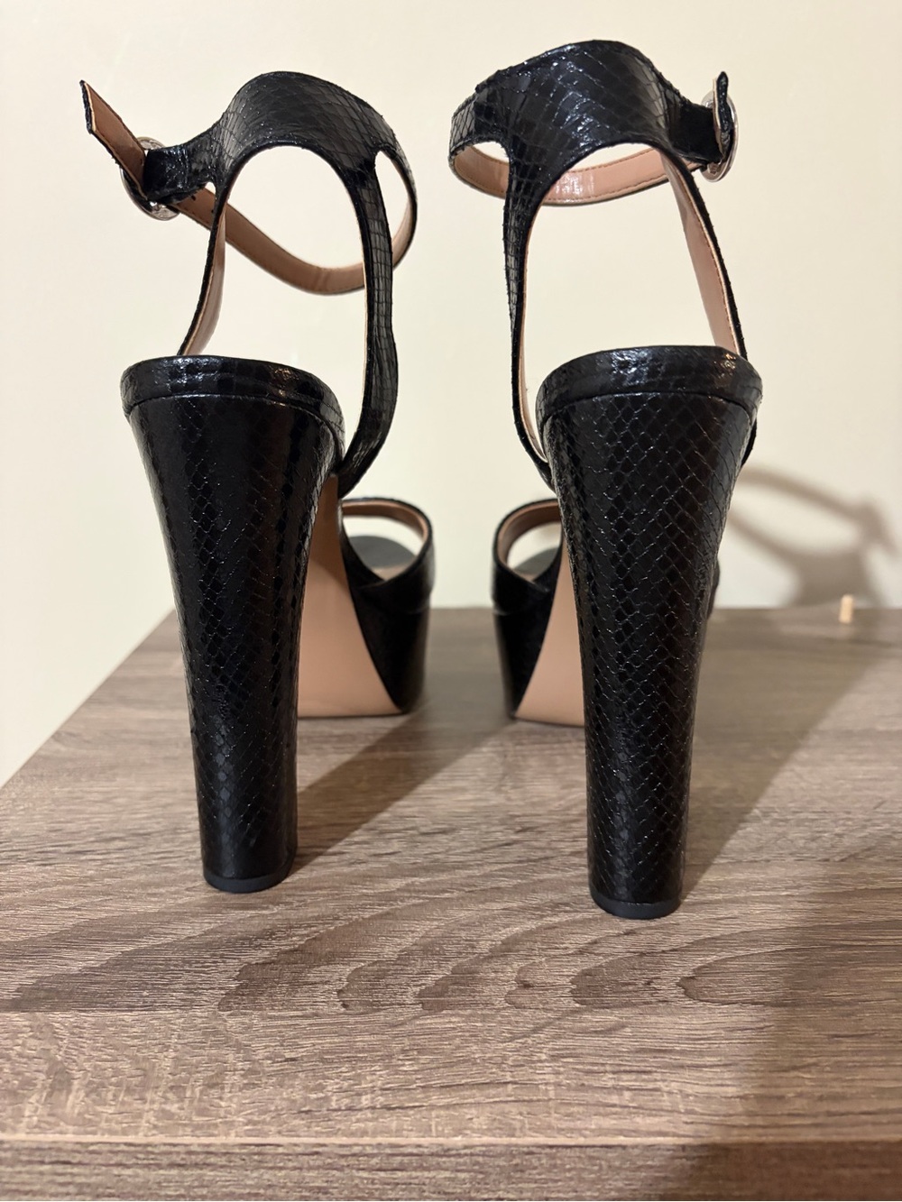 Steve Madden Black Faux-Snakeskin Platform Block Heels with Ankle Strap - Picture 4 of 7